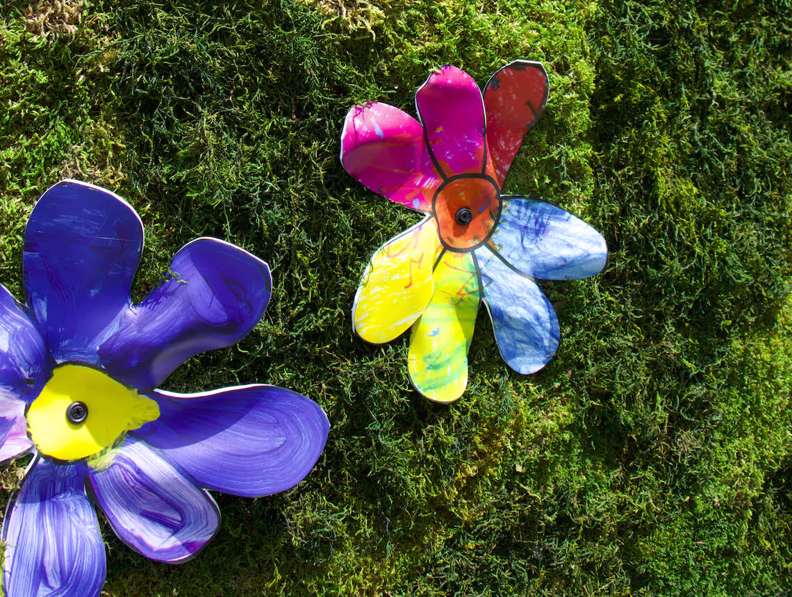 A couple of colorful flowers sitting on top of a lush green field